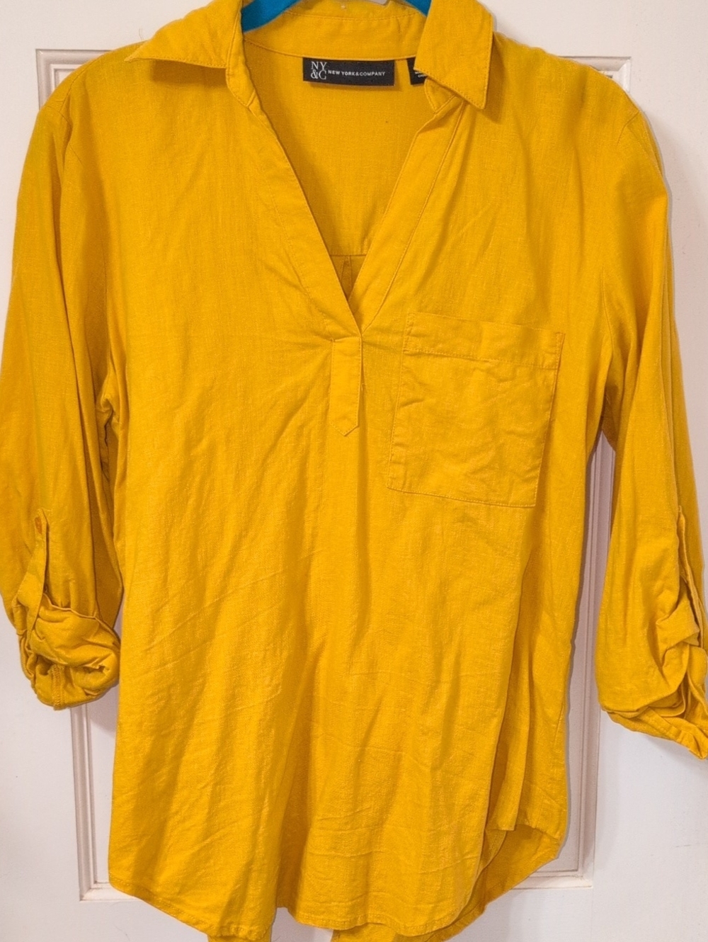 New York & Company Women's Mustard Yellow Split V-Neck 55% Linen Tunic
